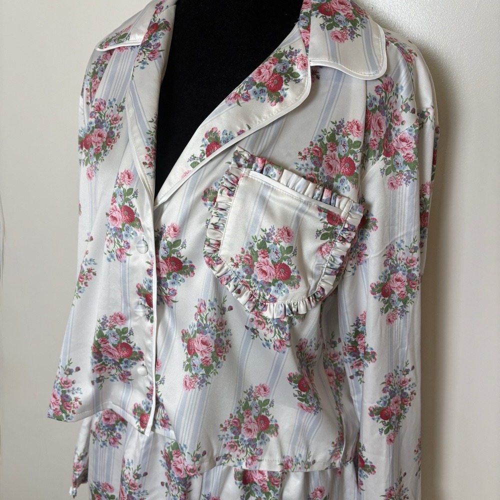 For Love and Lemons Satin Floral Ruffle Coquette Pajama Set Bridal Sleepwear XS - Picture 4 of 11